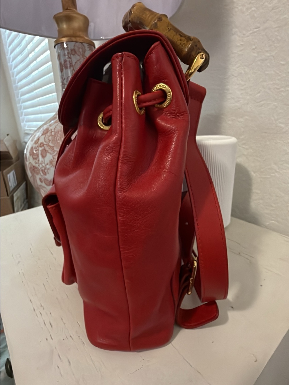 Vintage GUCCI red leather backpack with bamboo handle - Picture 5 of 12